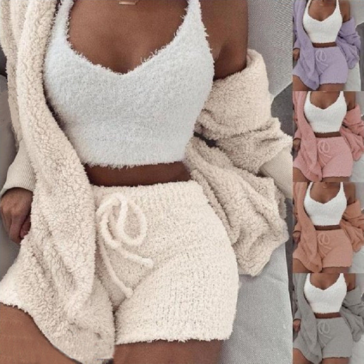 3pcs Womens Clothing Long Sleeve Crop Tank Top And Drawstring Shorts Pajama Set Athletic Digi Store